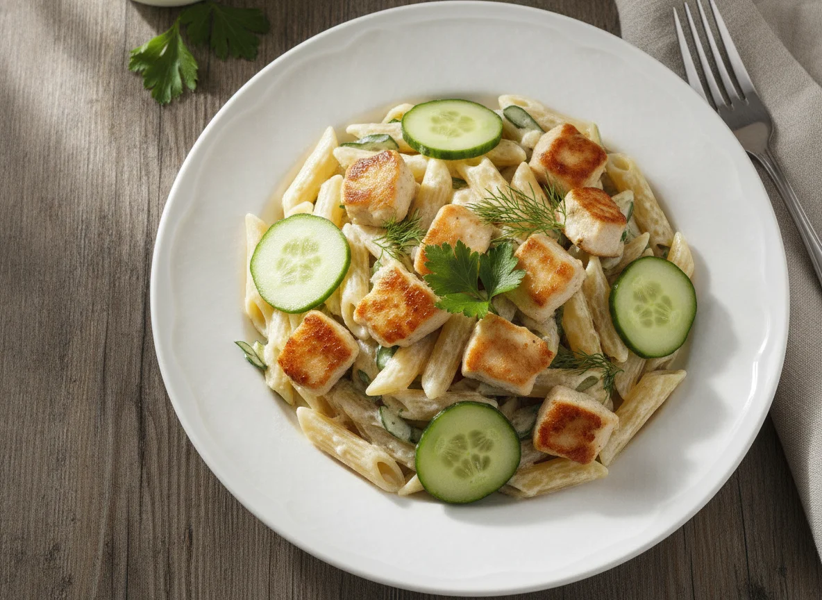 Макароны с курицей и свежим огурцом photo