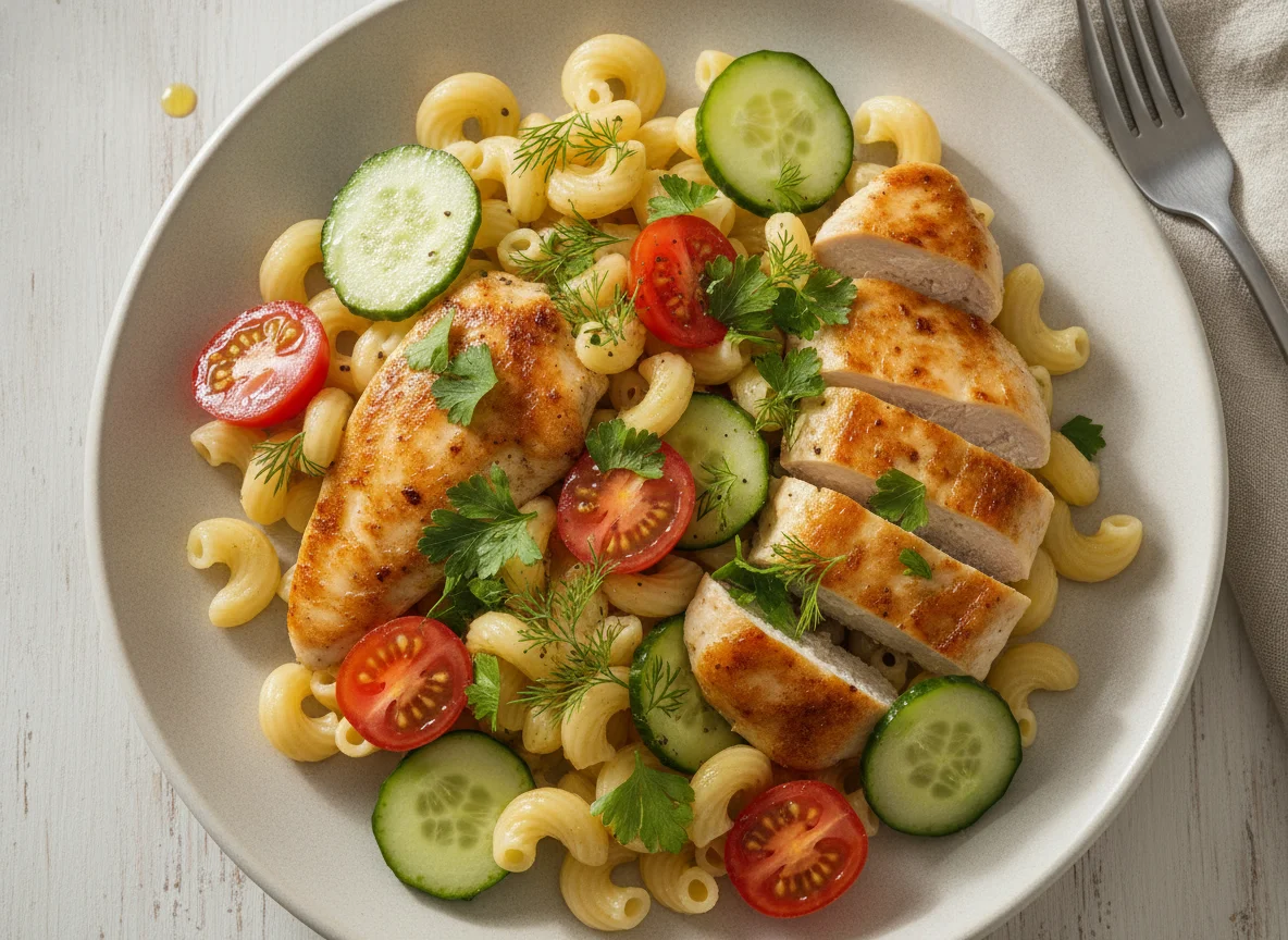 Макароны с курицей и свежим салатом photo