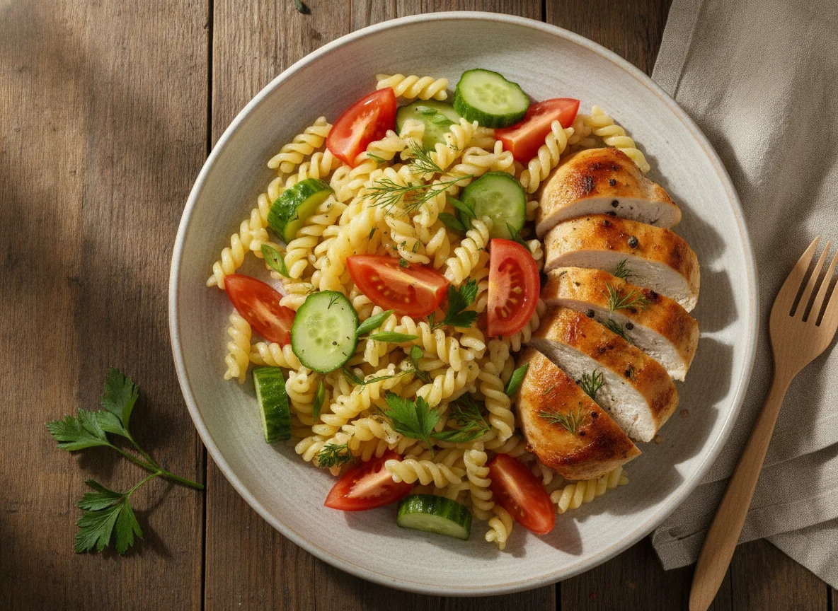 Макароны с курицей и свежими овощами photo