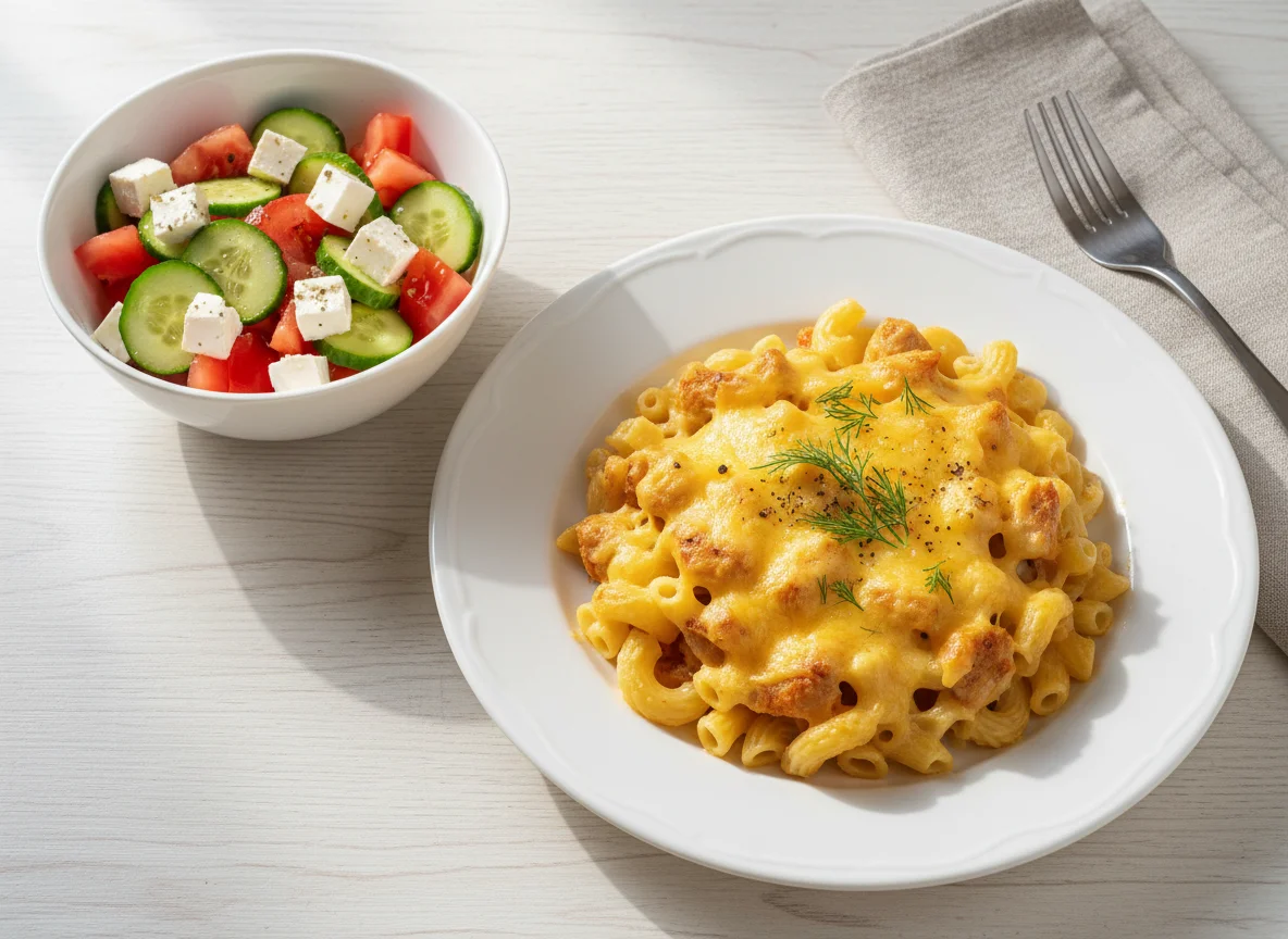Макароны с курицей под сыром и овощным салатом photo