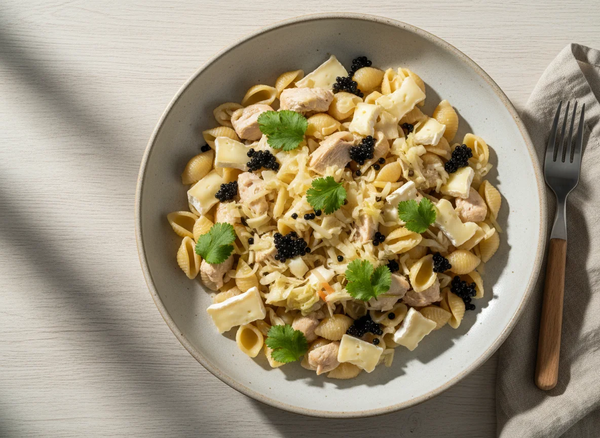 Макароны с курицей, сыром бри и квашеной капустой photo