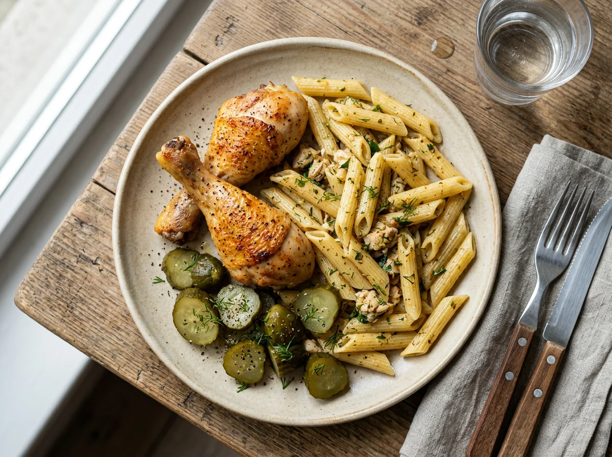 Макароны с куриной голенью и солеными огурцами photo