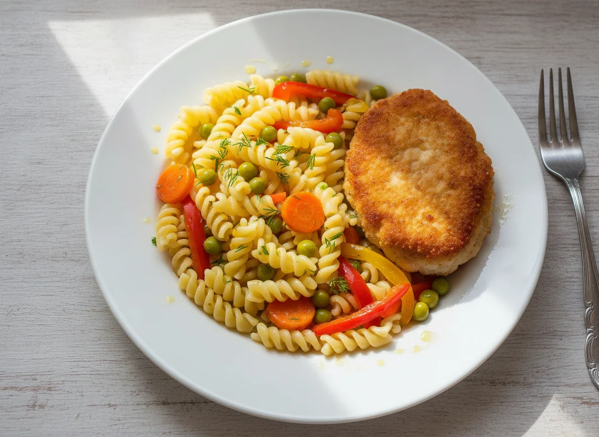 Макароны с куриной котлетой и овощами photo