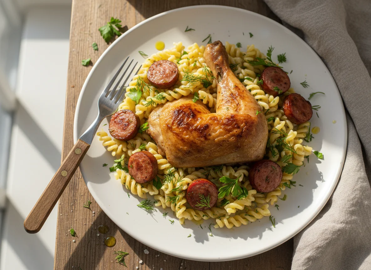 Макароны с куриной ножкой и сосисками photo