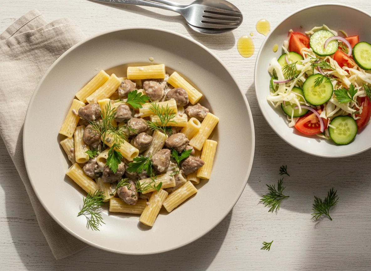 Макароны с куриными сердечками и салат из свежих овощей photo