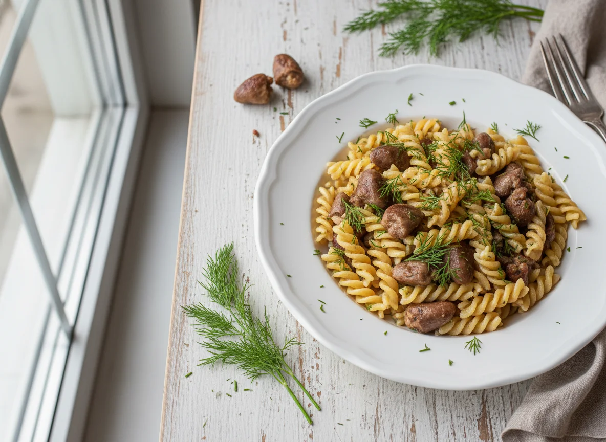 Макароны с куриными сердечками и укропом photo