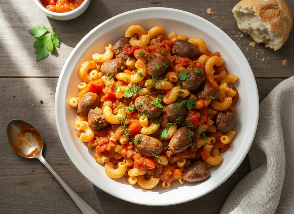 Макароны с куриными сердечками в соусе photo