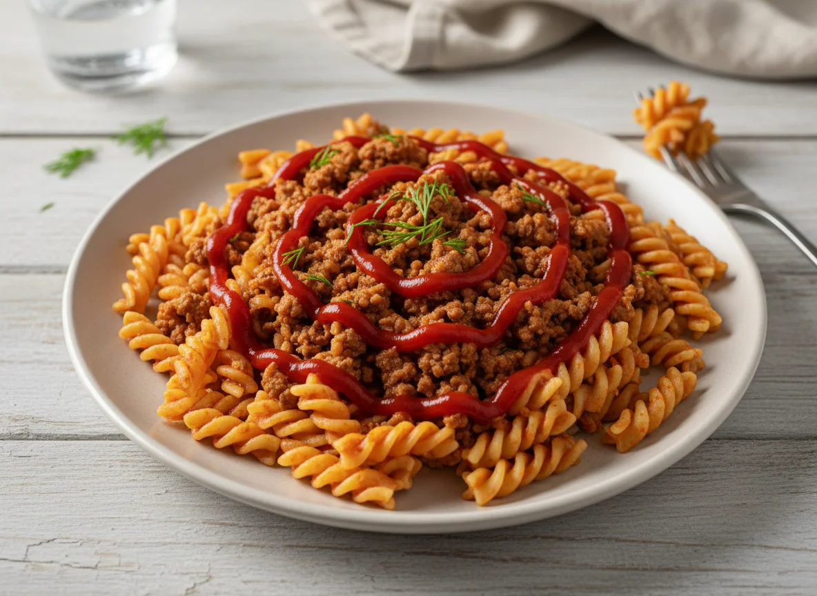 Макароны с мясным фаршем и кетчупом photo