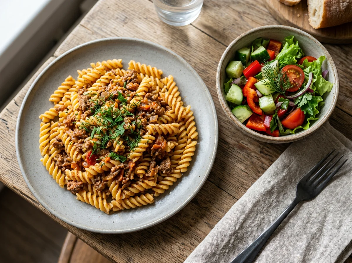 Макароны с мясным фаршем и овощным салатом photo