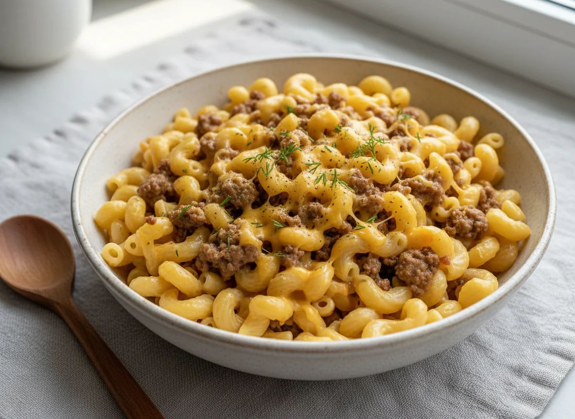 Макароны с мясным фаршем и сырным соусом photo