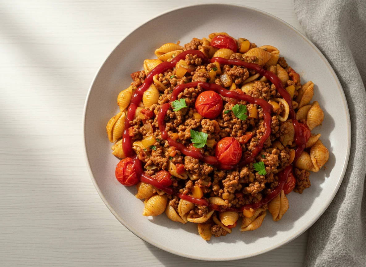 Макароны с мясным фаршем и томатами photo