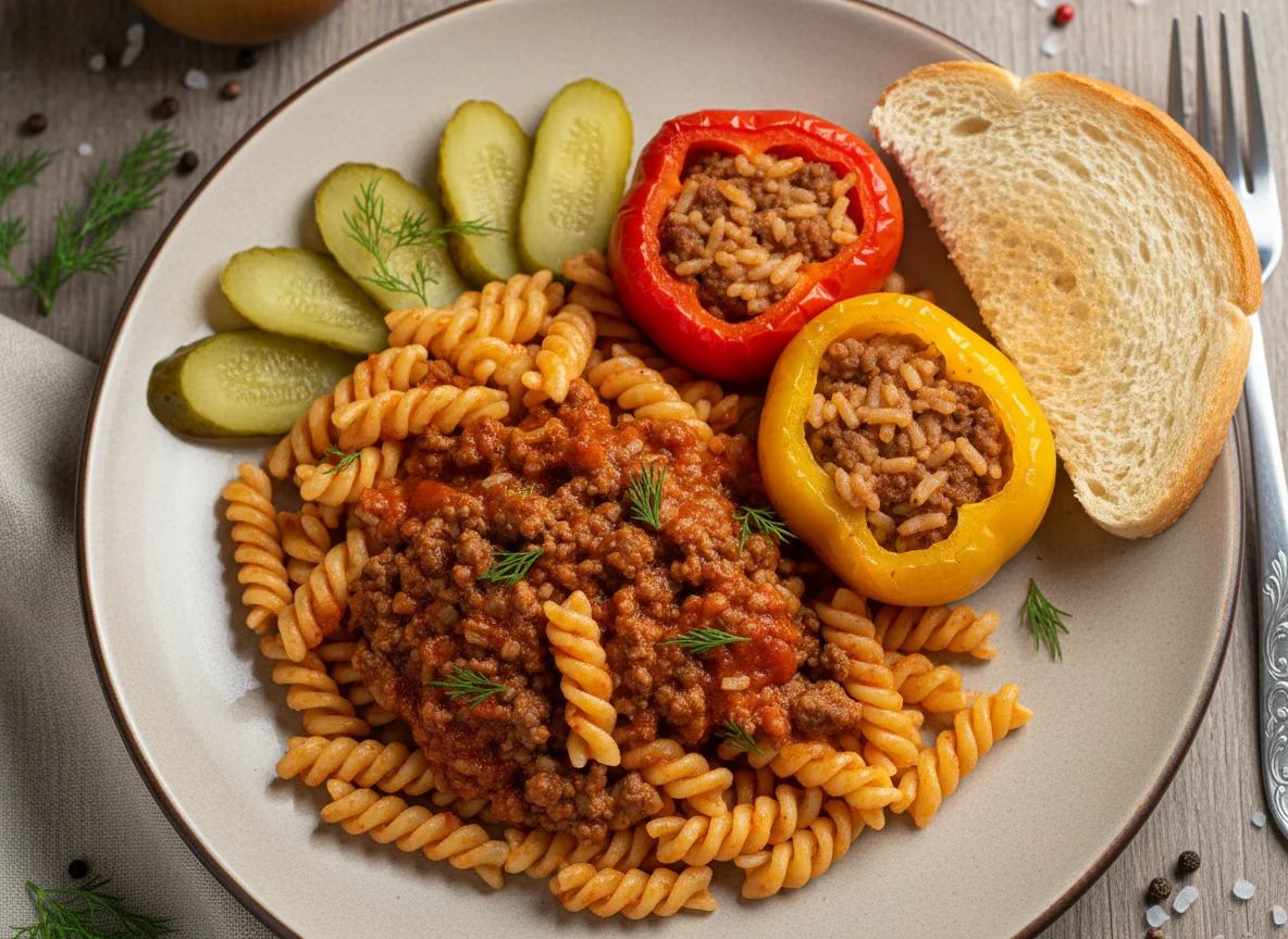 Макароны с мясным соусом, солеными огурцами и фаршированными перцами photo