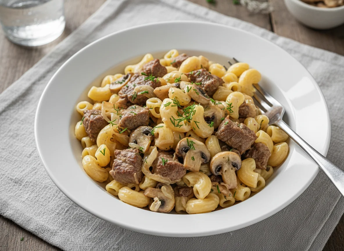 Макароны с мясом и грибами в соусе photo