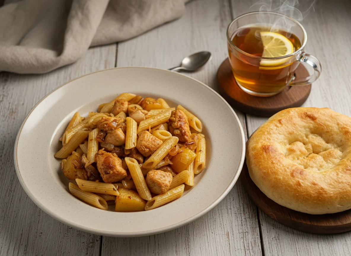 Макароны с мясом и картофелем, лепешка и чай с лимоном photo