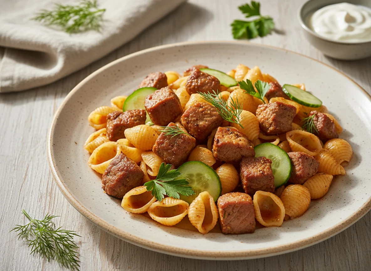 Макароны с мясом и огурцами photo