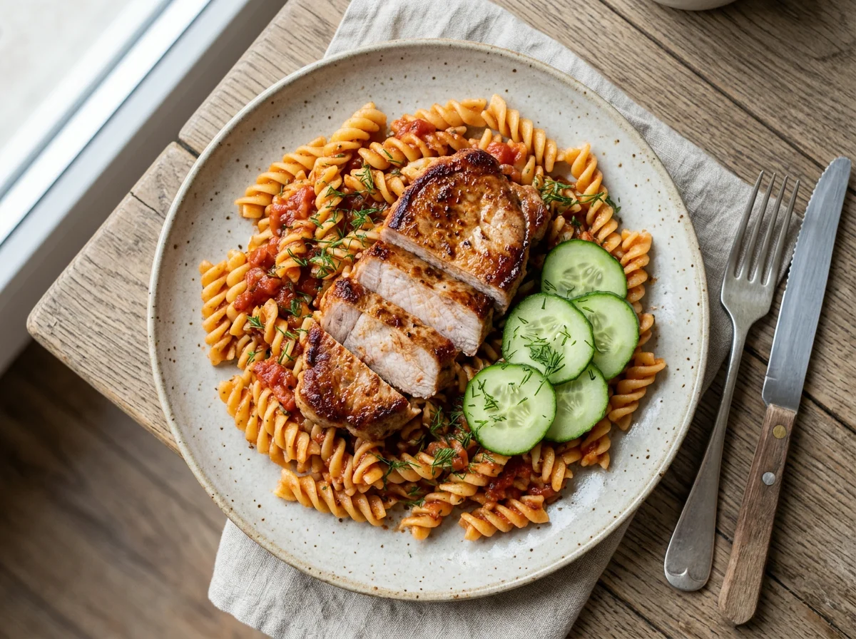 Макароны с мясом и огурцом photo