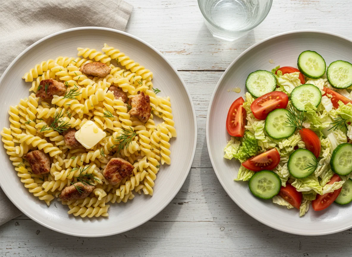 Макароны с мясом и овощной салат photo