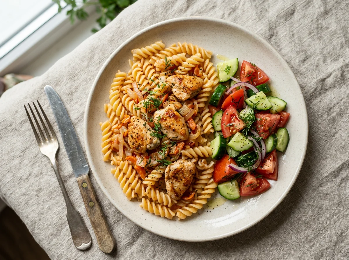 Макароны с мясом и овощным салатом photo