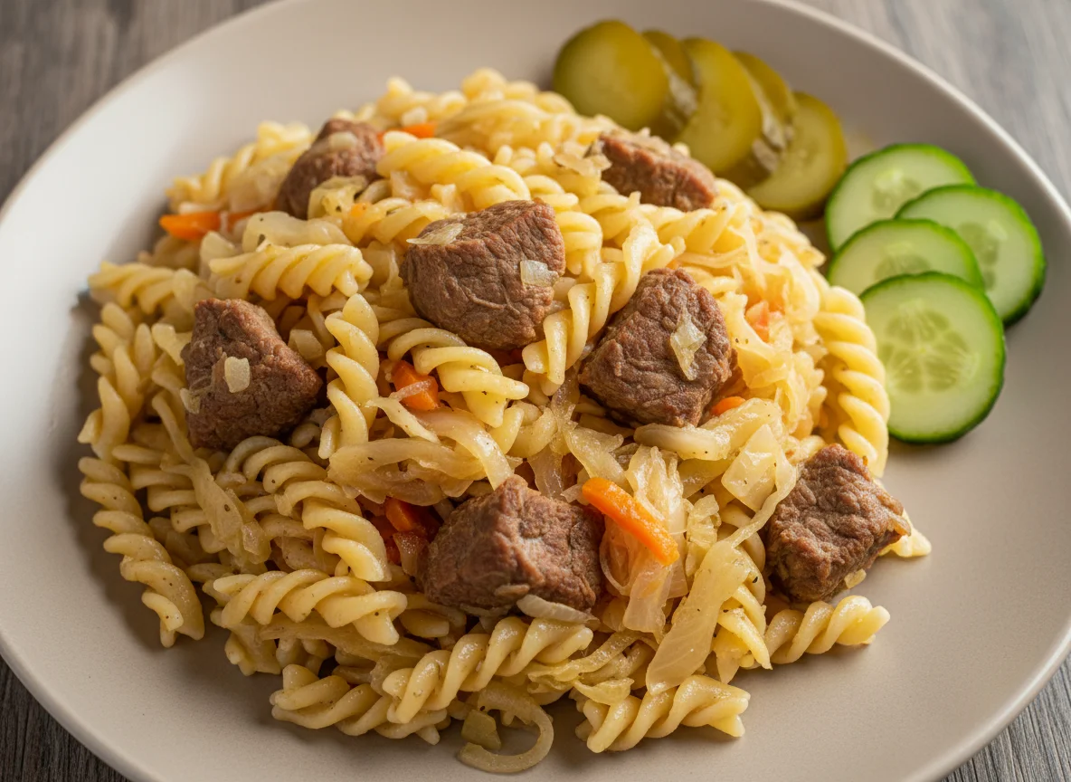 Макароны с мясом и тушеной капустой с огурцами photo