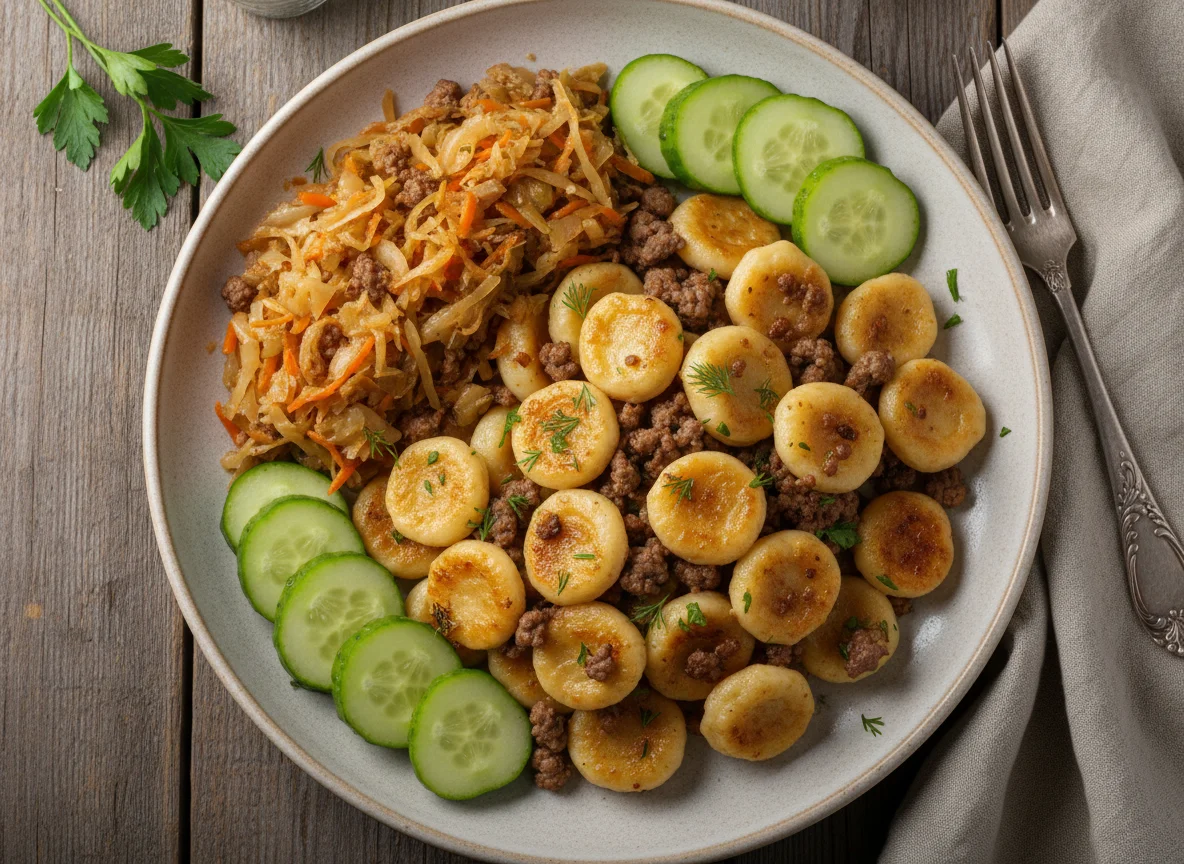 Макароны с мясом и тушеной капустой с солеными огурцами photo