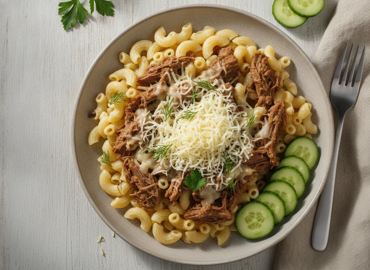 Макароны с мясом, сыром и огурцами photo