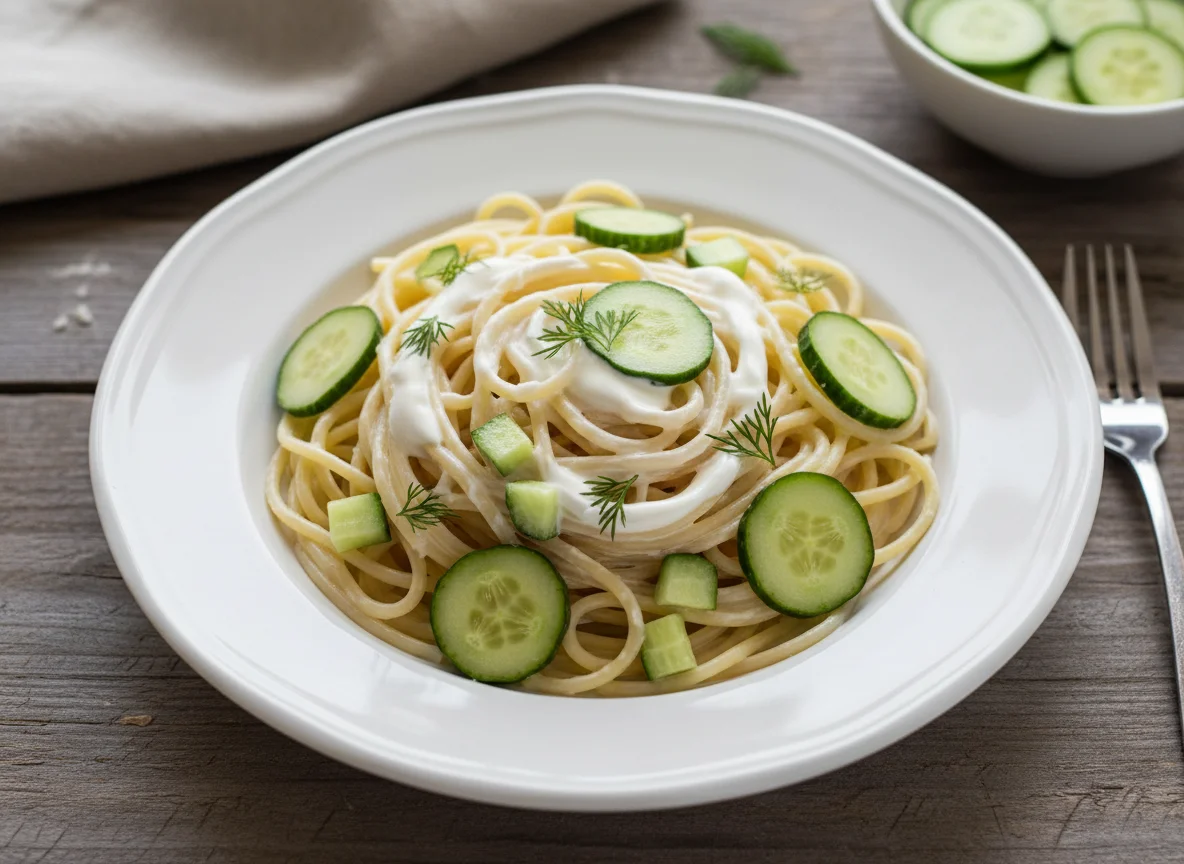 Макароны с огурцом и сметаной photo