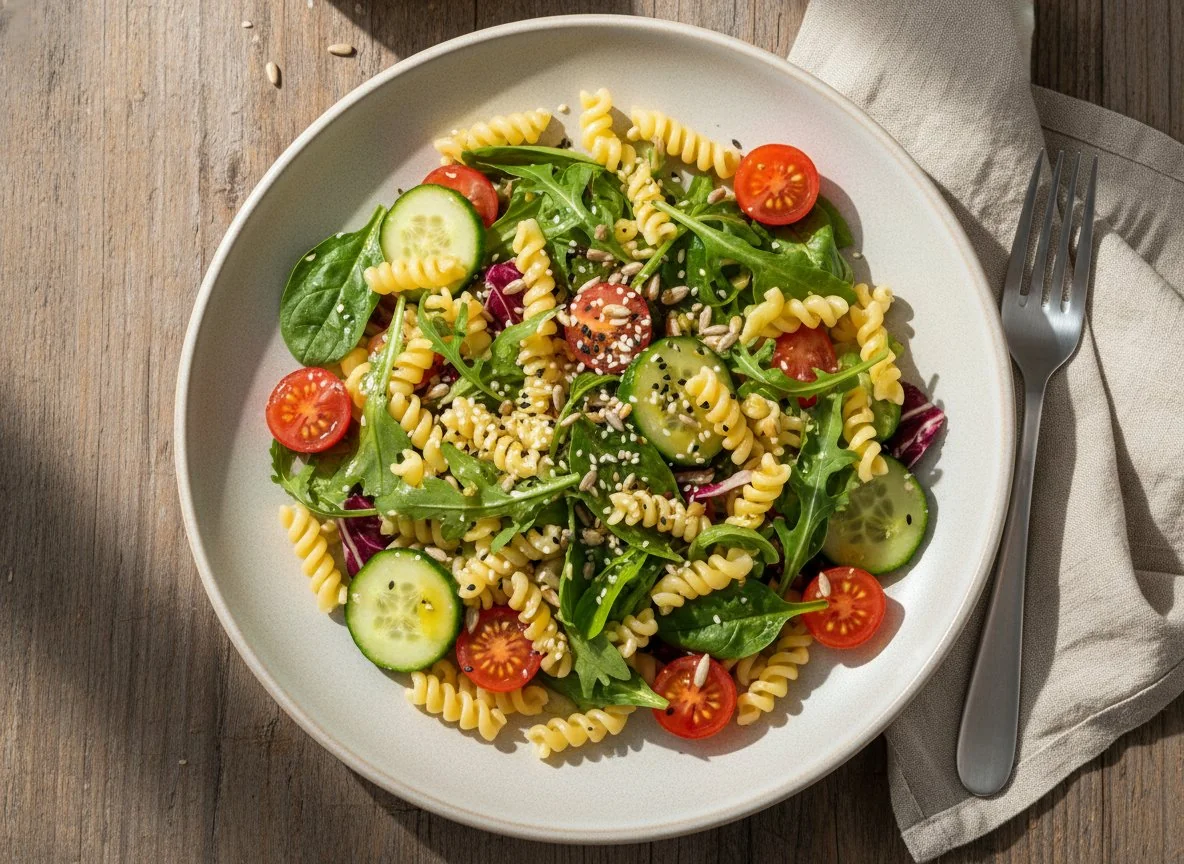 Макароны с овощным салатом photo