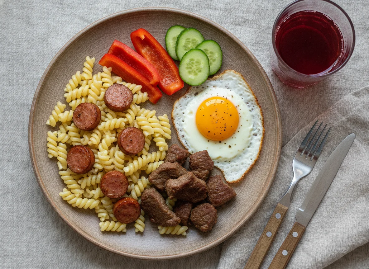 Макароны с сосисками, яичницей и овощами photo