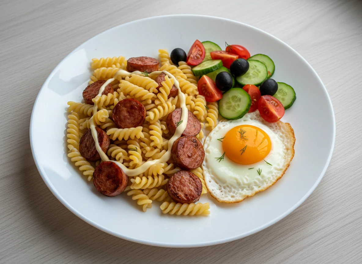 Макароны с сосисками, яичницей и овощным салатом photo