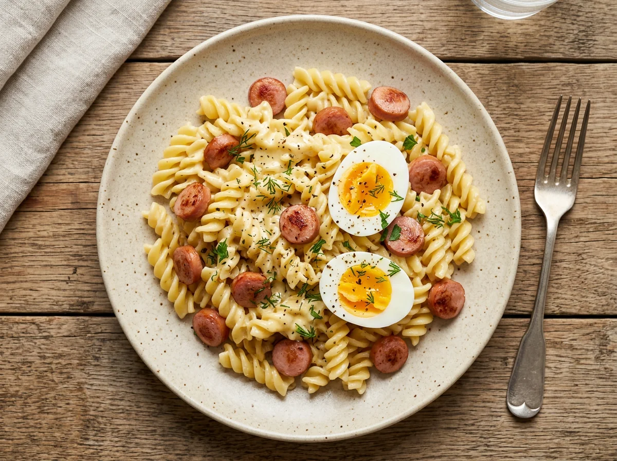 Макароны с сосисками и яйцами photo