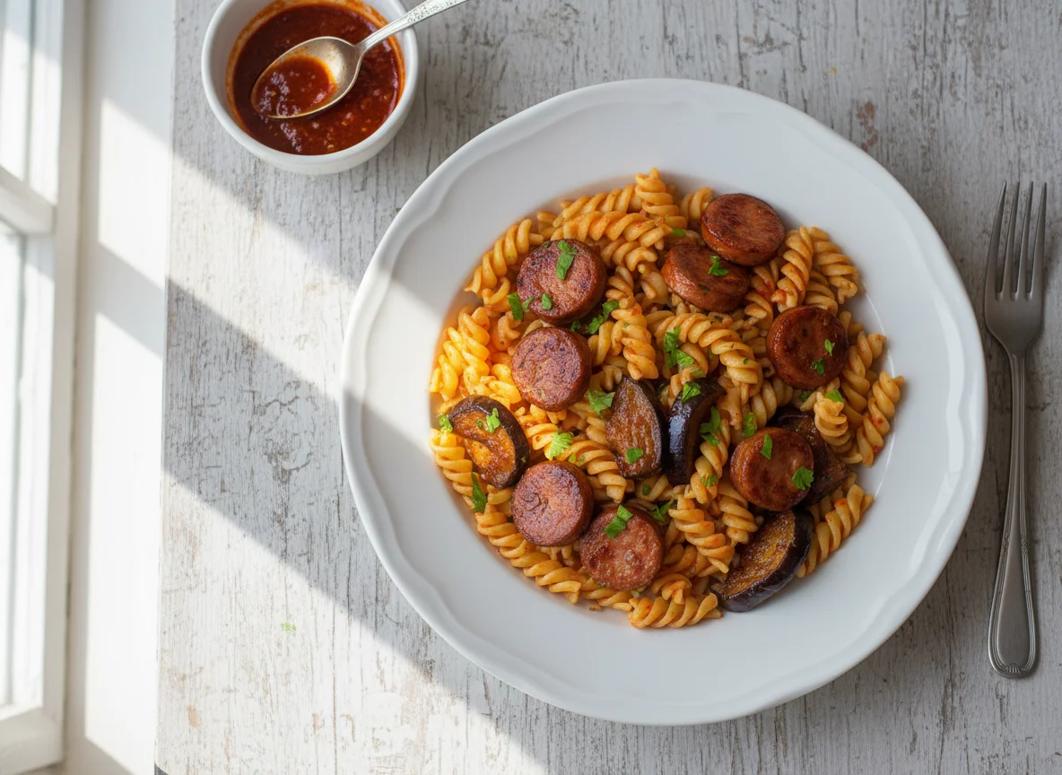 Макароны с сосисками и баклажанами photo