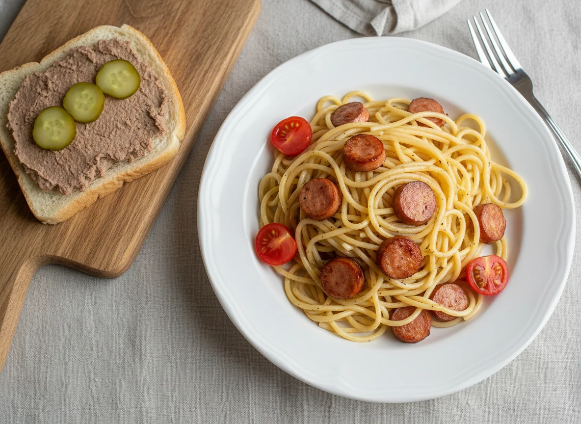 Макароны с сосисками и бутерброд с паштетом photo