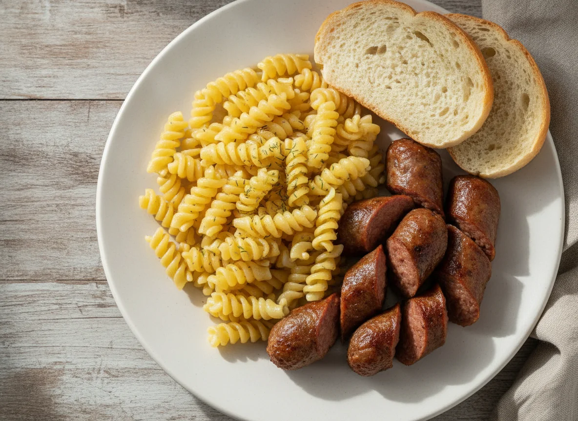 Макароны с сосисками и хлебом photo