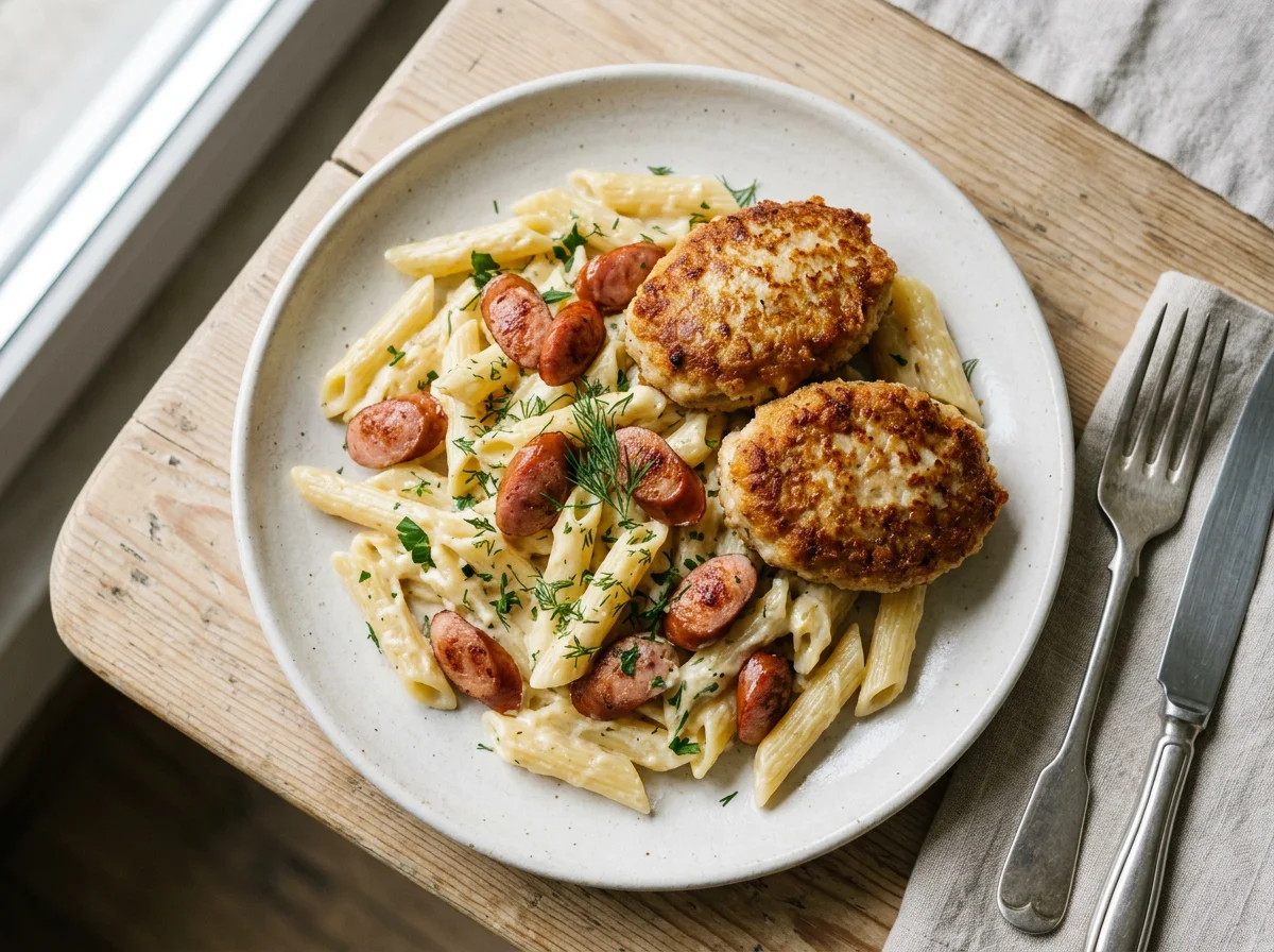 Макароны с сосисками и котлетами photo