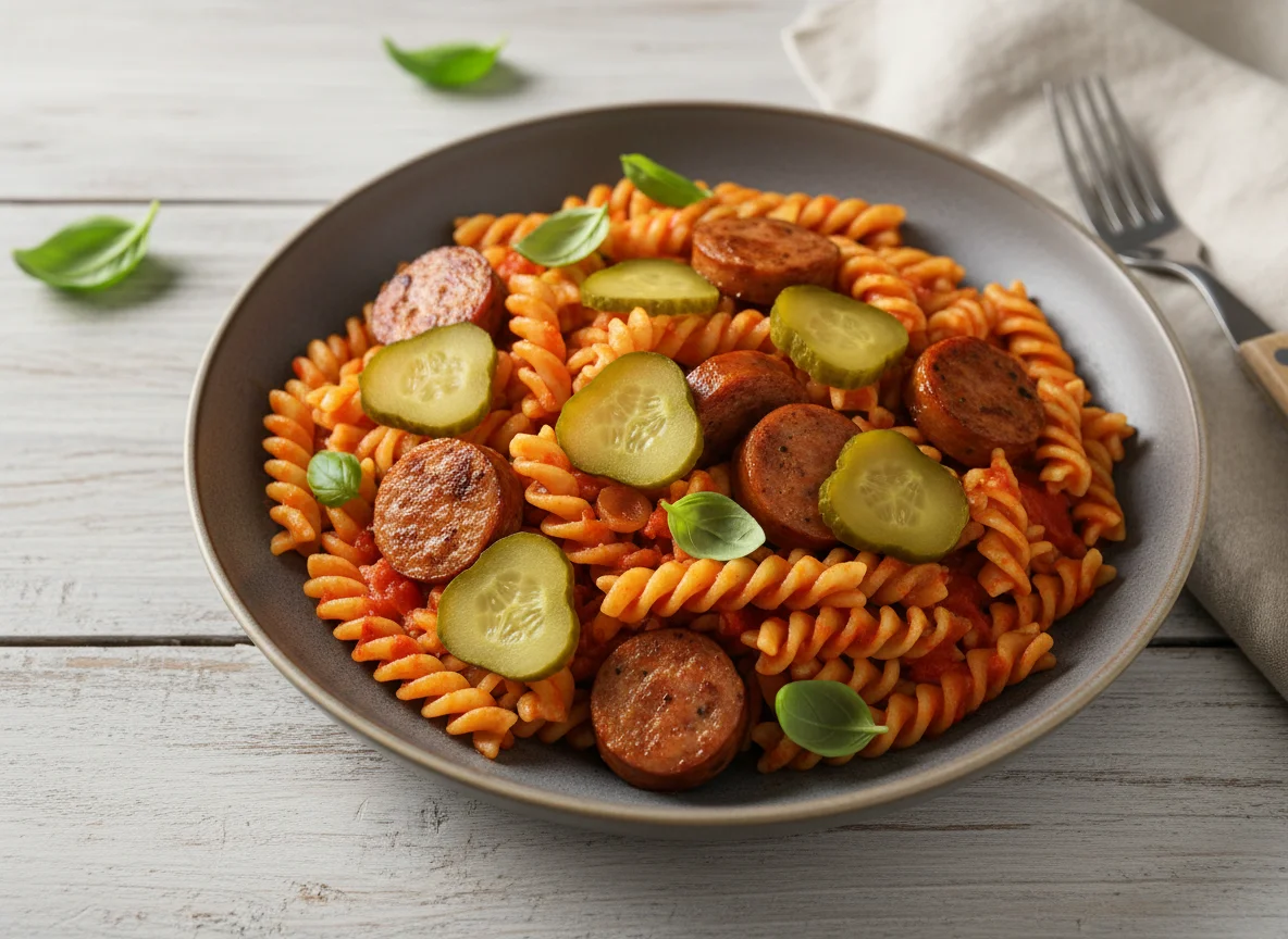 Макароны с сосисками и маринованными огурцами photo