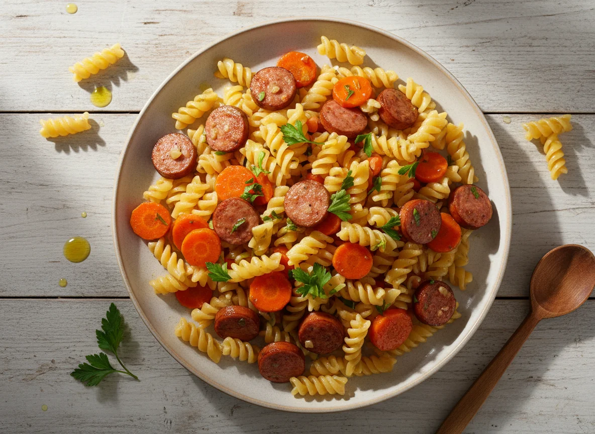 Макароны с сосисками и овощами photo