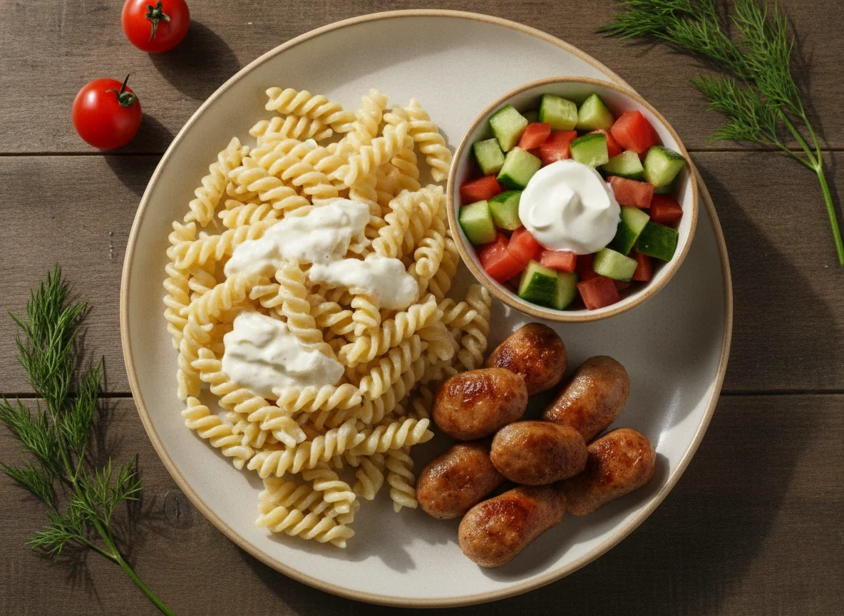 Макароны с сосисками и овощной салат photo