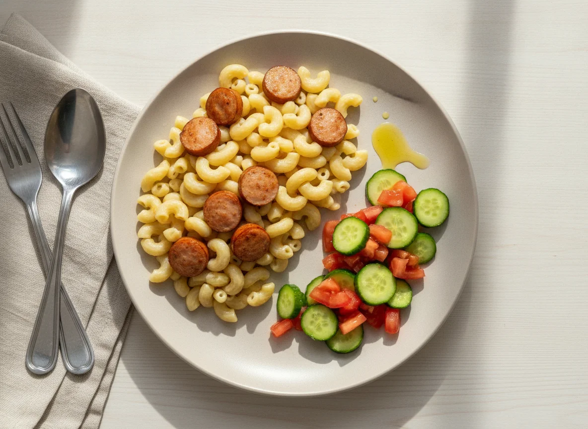 Макароны с сосисками и овощным салатом photo