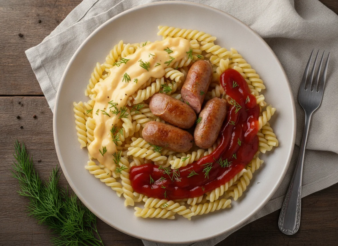 Макароны с сосисками и соусами photo
