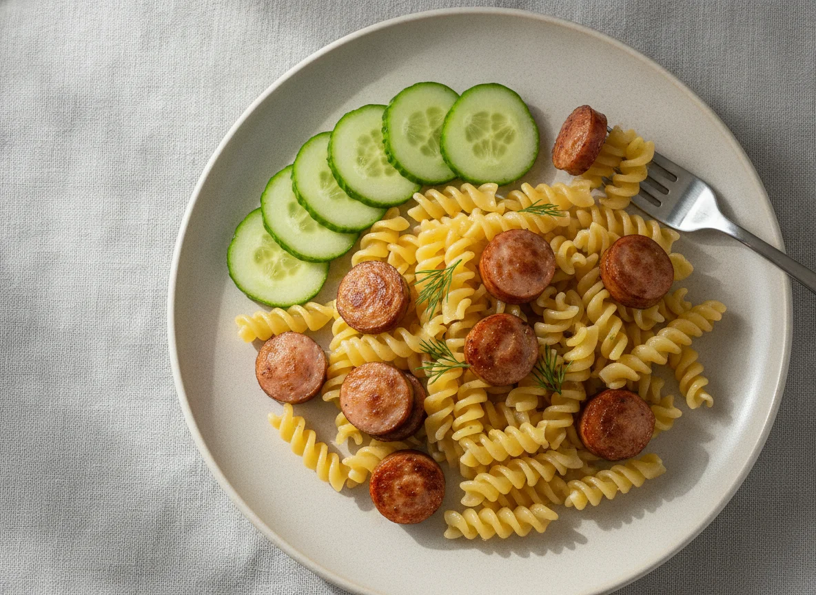 Макароны с сосисками и свежим огурцом photo
