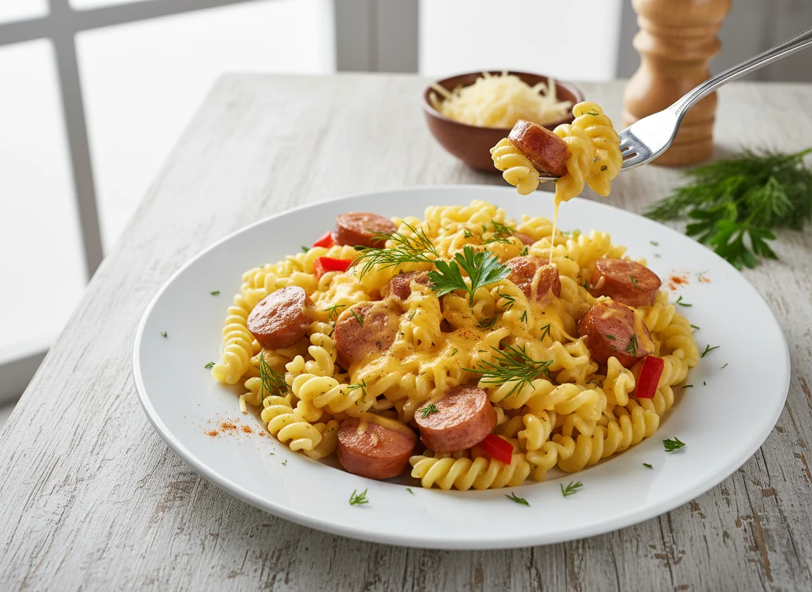 Макароны с сосисками и сырным соусом photo