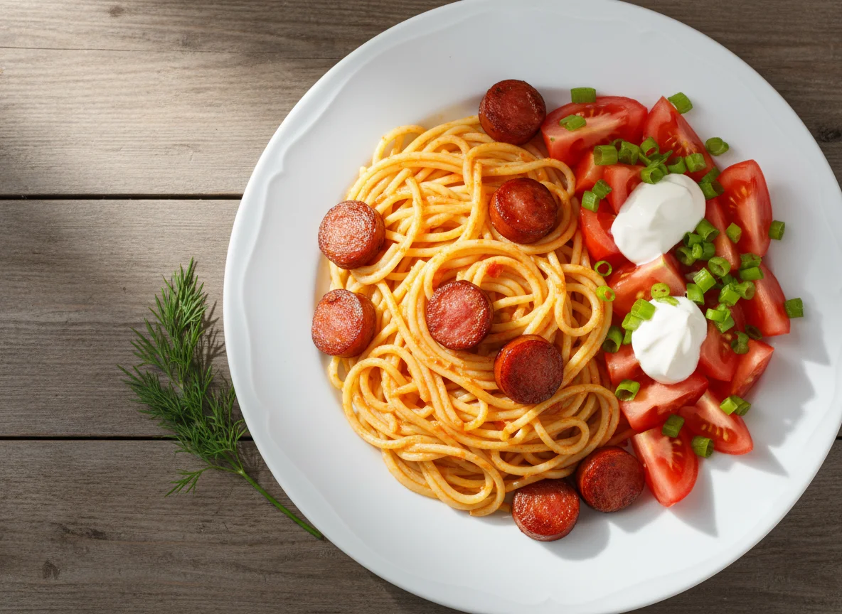 Макароны с сосисками и томатным салатом photo