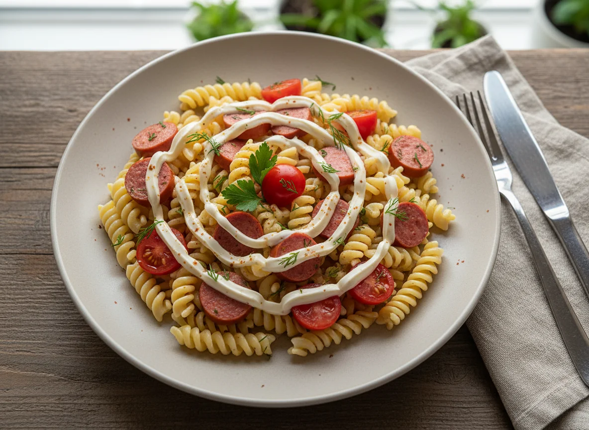 Макароны с сосисками, помидорами и майонезом photo