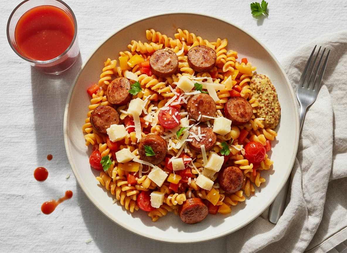 Макароны с сосисками, сыром и овощами photo