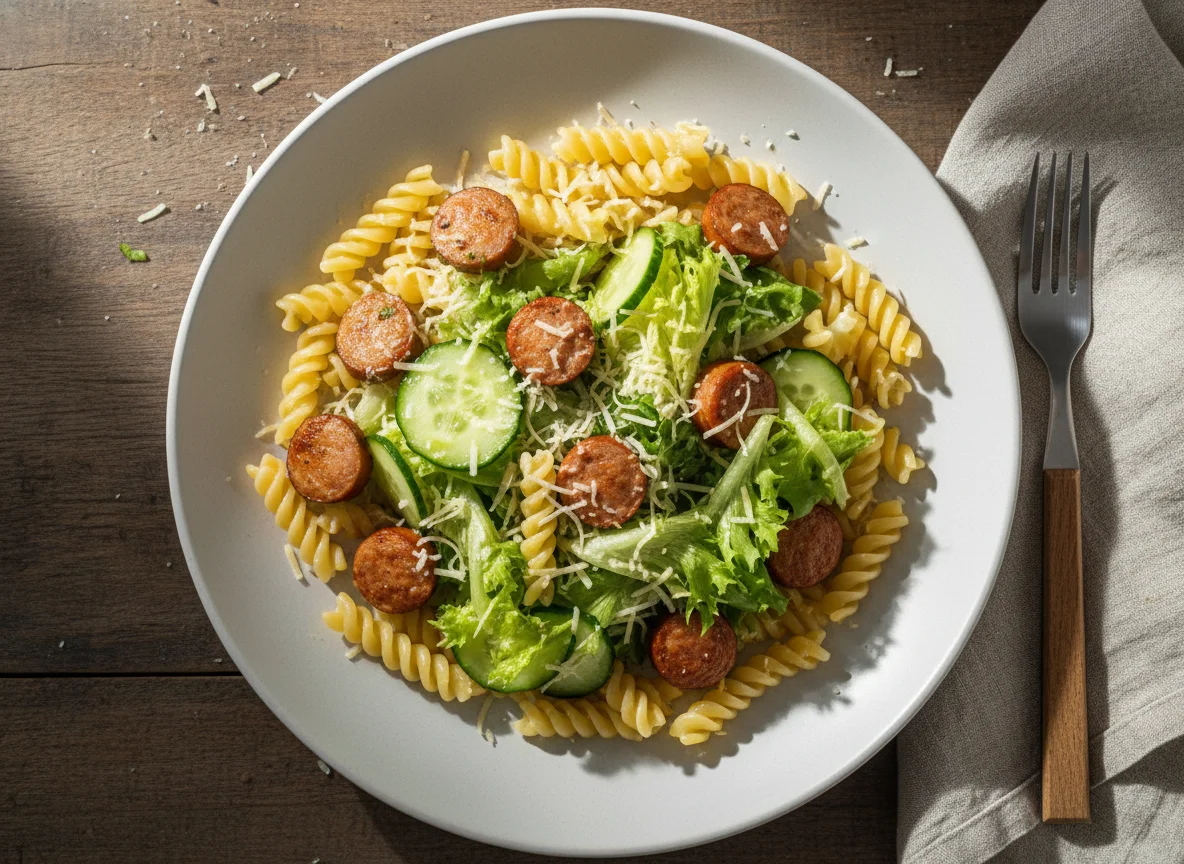 Макароны с сосисками, сыром и салатом photo