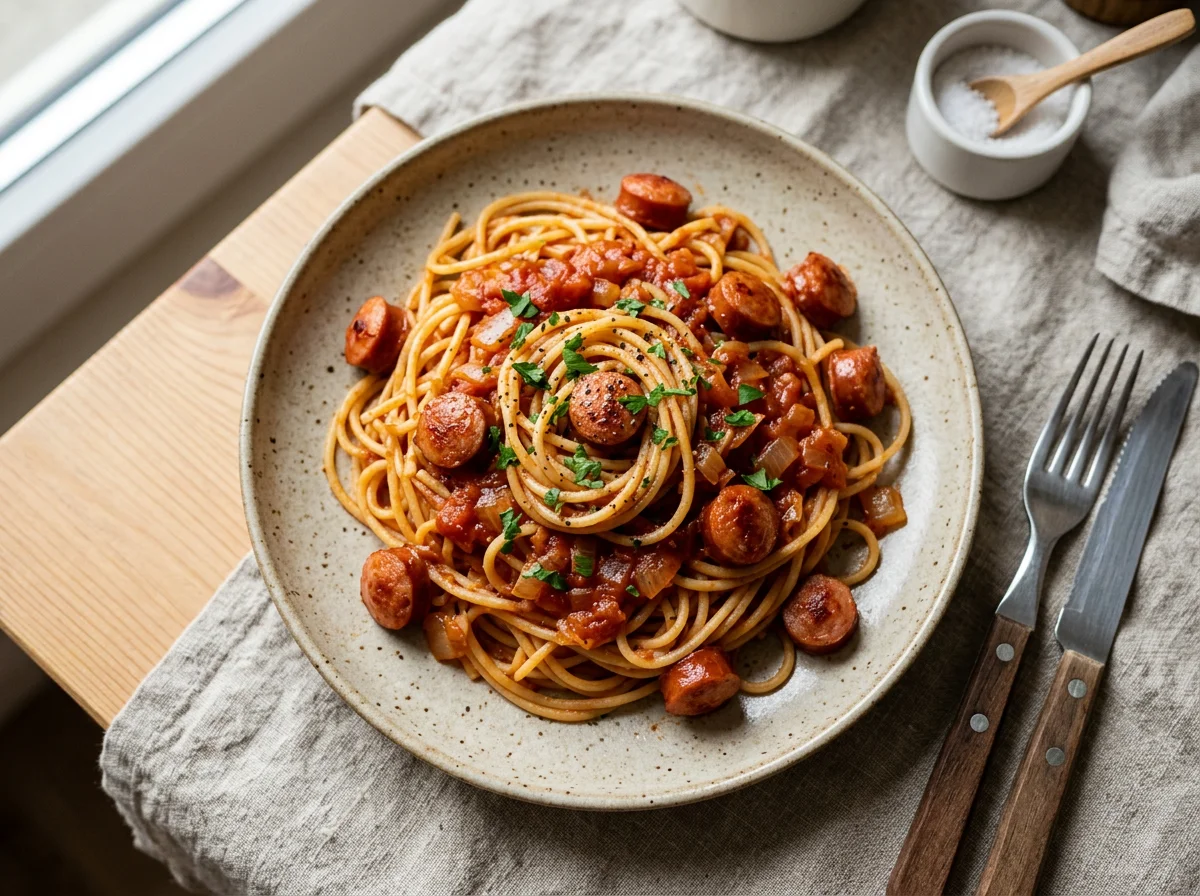 Макароны с сосисками в соусе photo