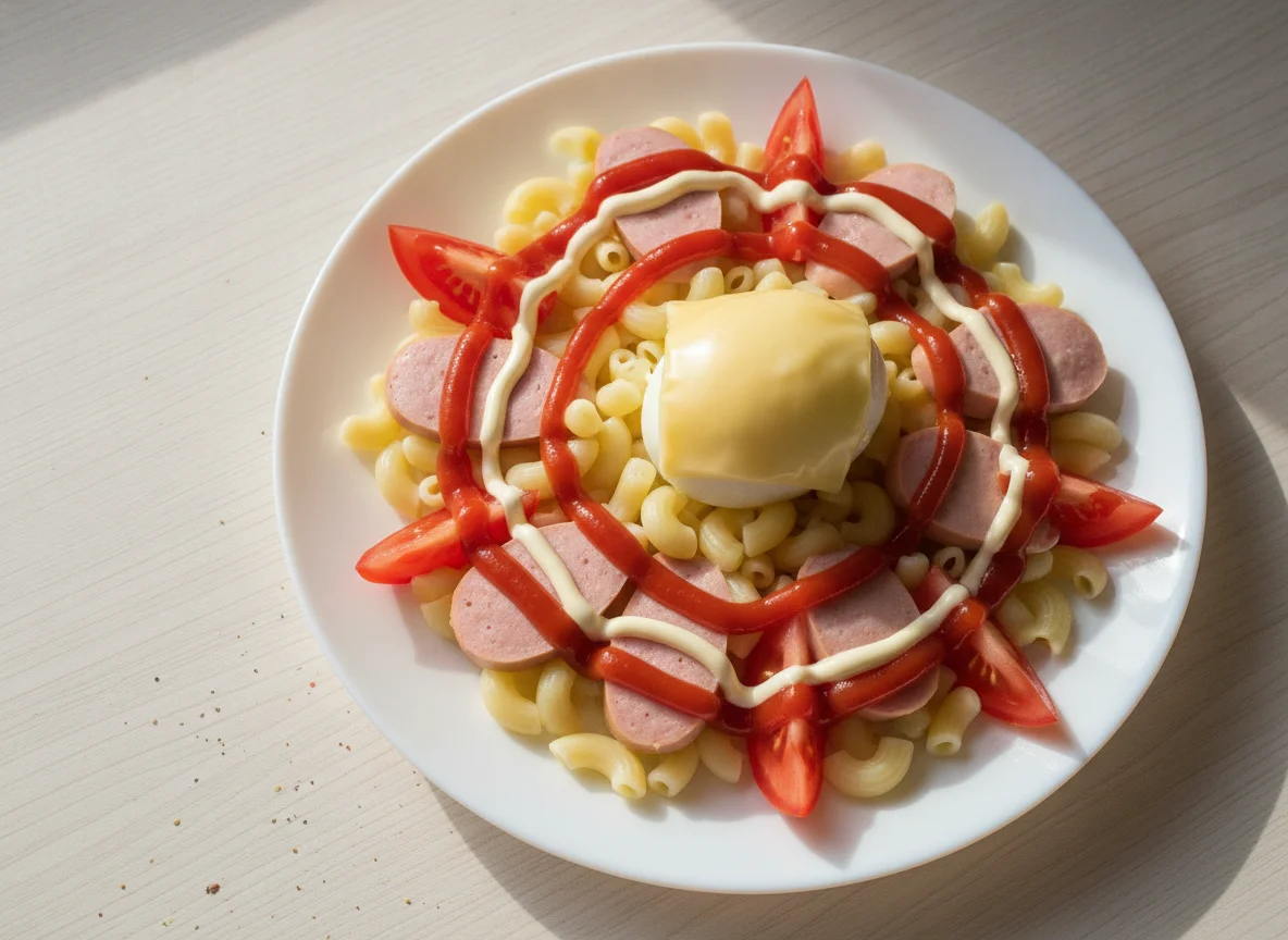 Макароны с сосиской, яйцом и помидорами photo