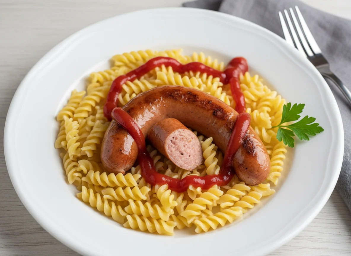 Макароны с сосиской и кетчупом photo