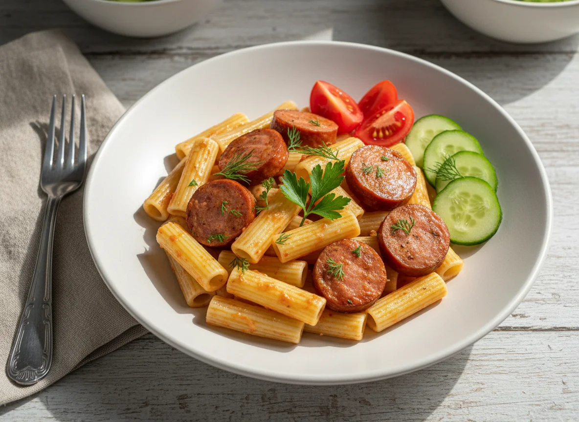 Макароны с сосиской и овощами photo