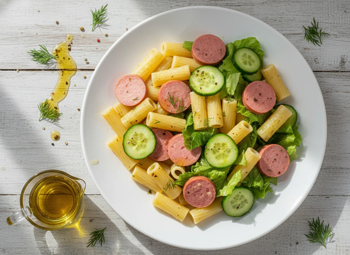 Макароны с сосиской и овощным салатом photo